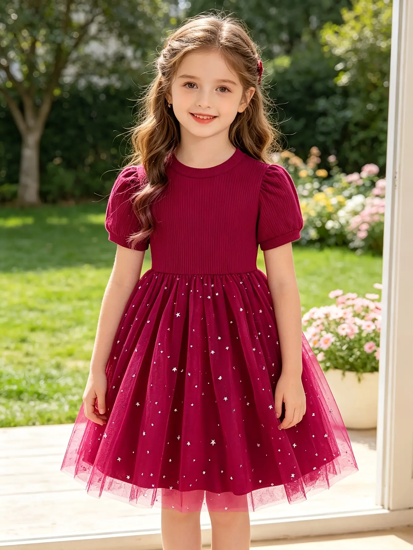 Detail 2 of Girls Red Short Sleeve Star Sequin Tulle Dress by LUNORIANA