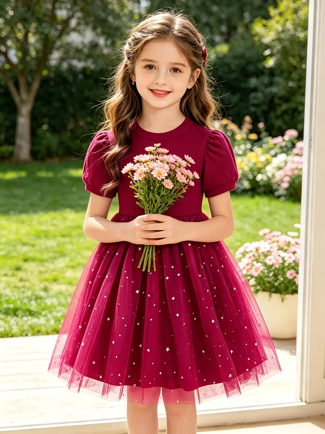 Detail 5 of Girls Red Short Sleeve Star Sequin Tulle Dress by LUNORIANA