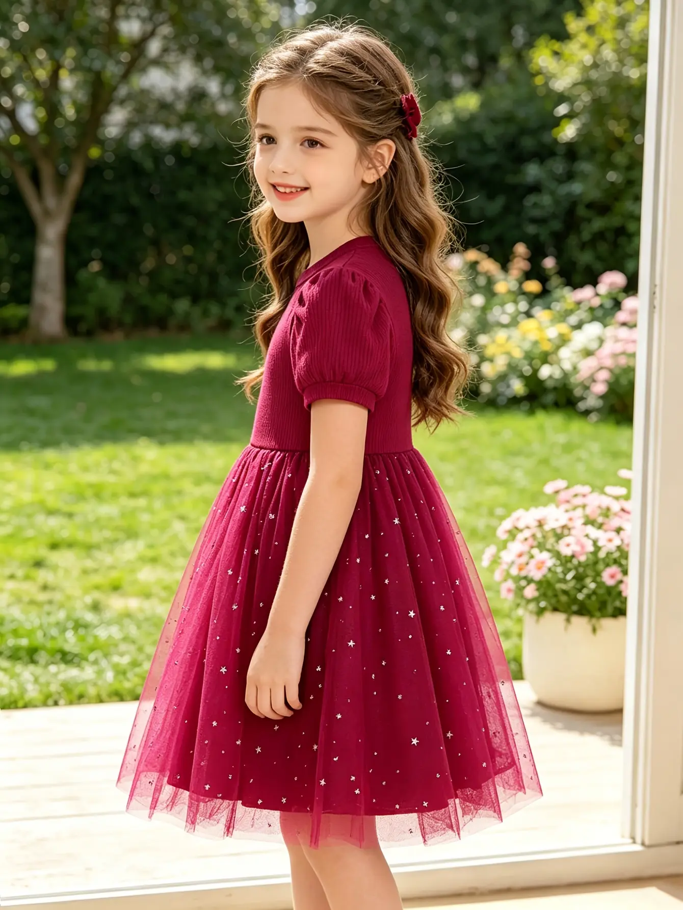Detail 1 of Girls Red Short Sleeve Star Sequin Tulle Dress by LUNORIANA
