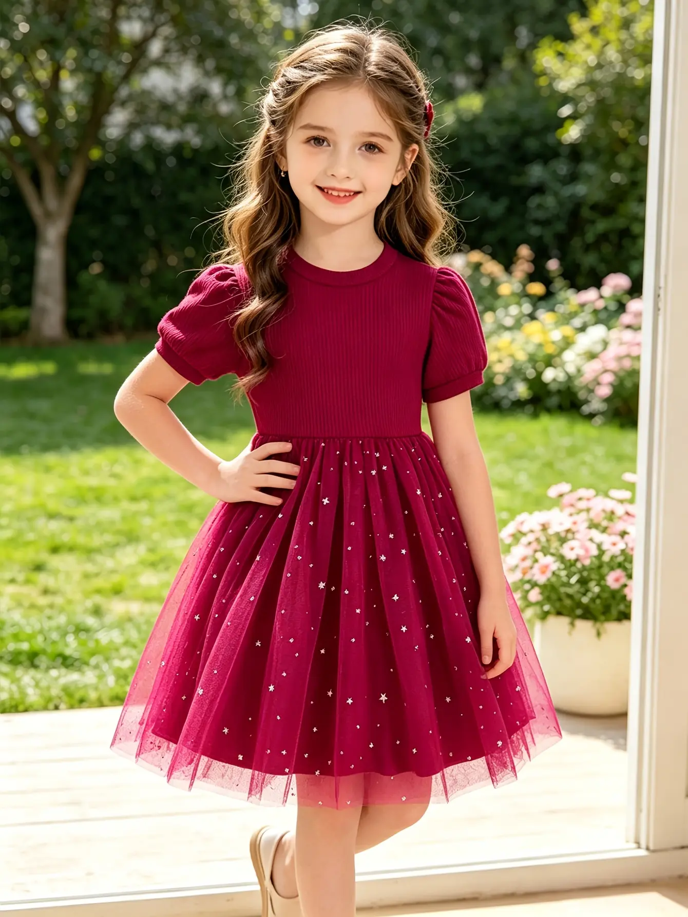Detail 3 of Girls Red Short Sleeve Star Sequin Tulle Dress by LUNORIANA