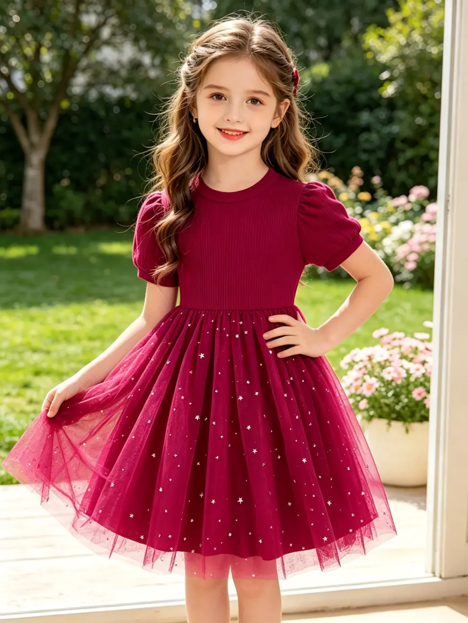 Girls Red Short Sleeve Star Sequin Tulle Dress