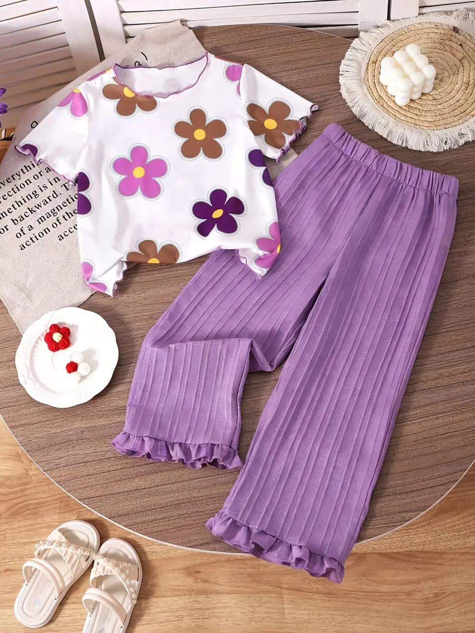 Girls Floral Print T-Shirt and Pants Set