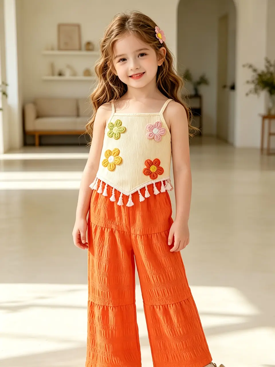 Girls 3D Applique Asymmetrical Top and Pants Set