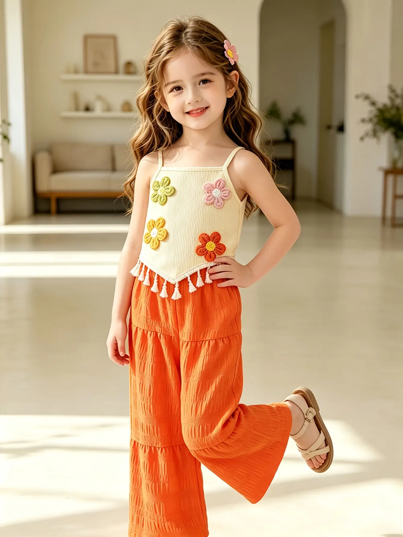 Detail 3 of Girls 3D Applique Asymmetrical Top and Pants Set by LUNORIANA
