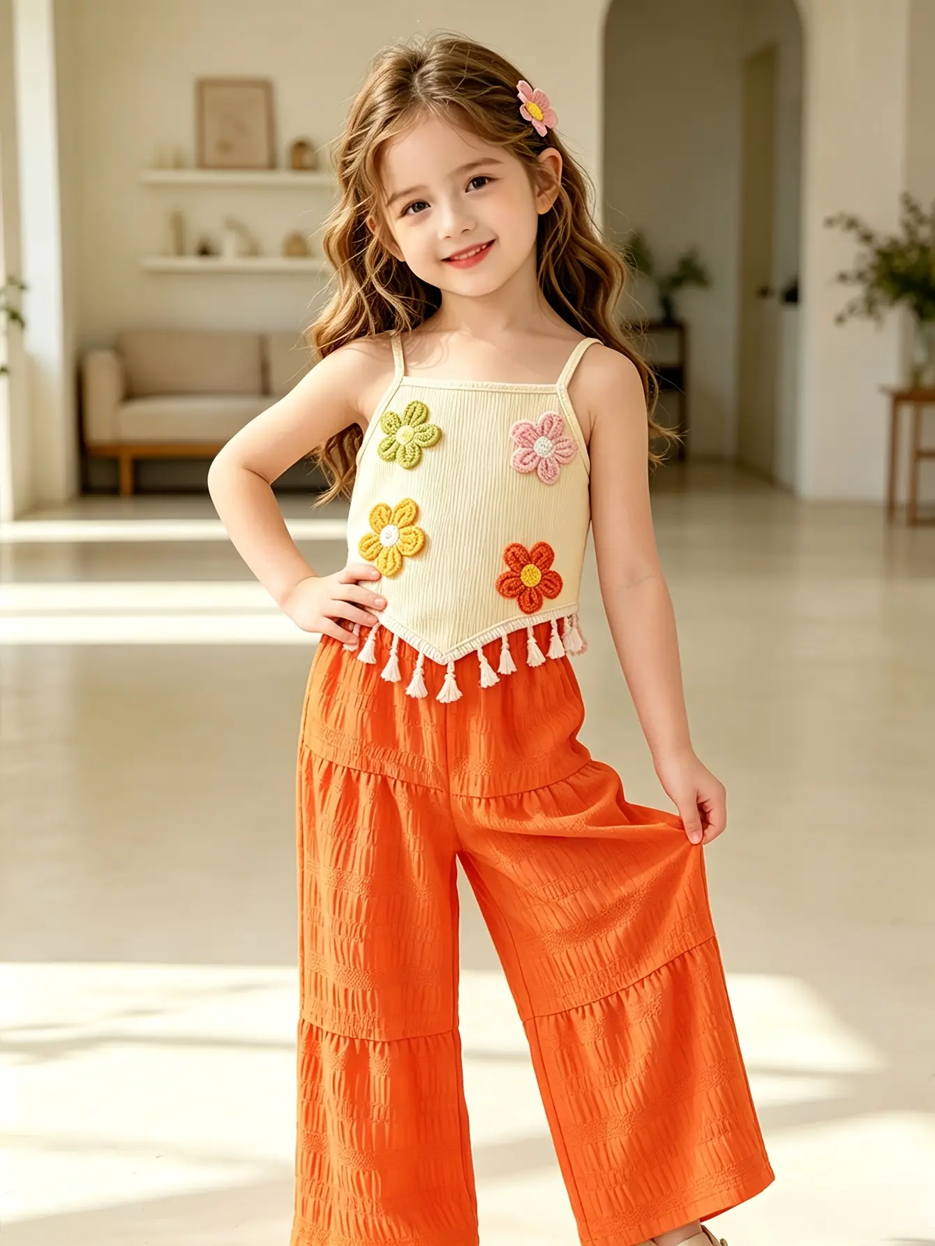 Detail 6 of Girls 3D Applique Asymmetrical Top and Pants Set by LUNORIANA