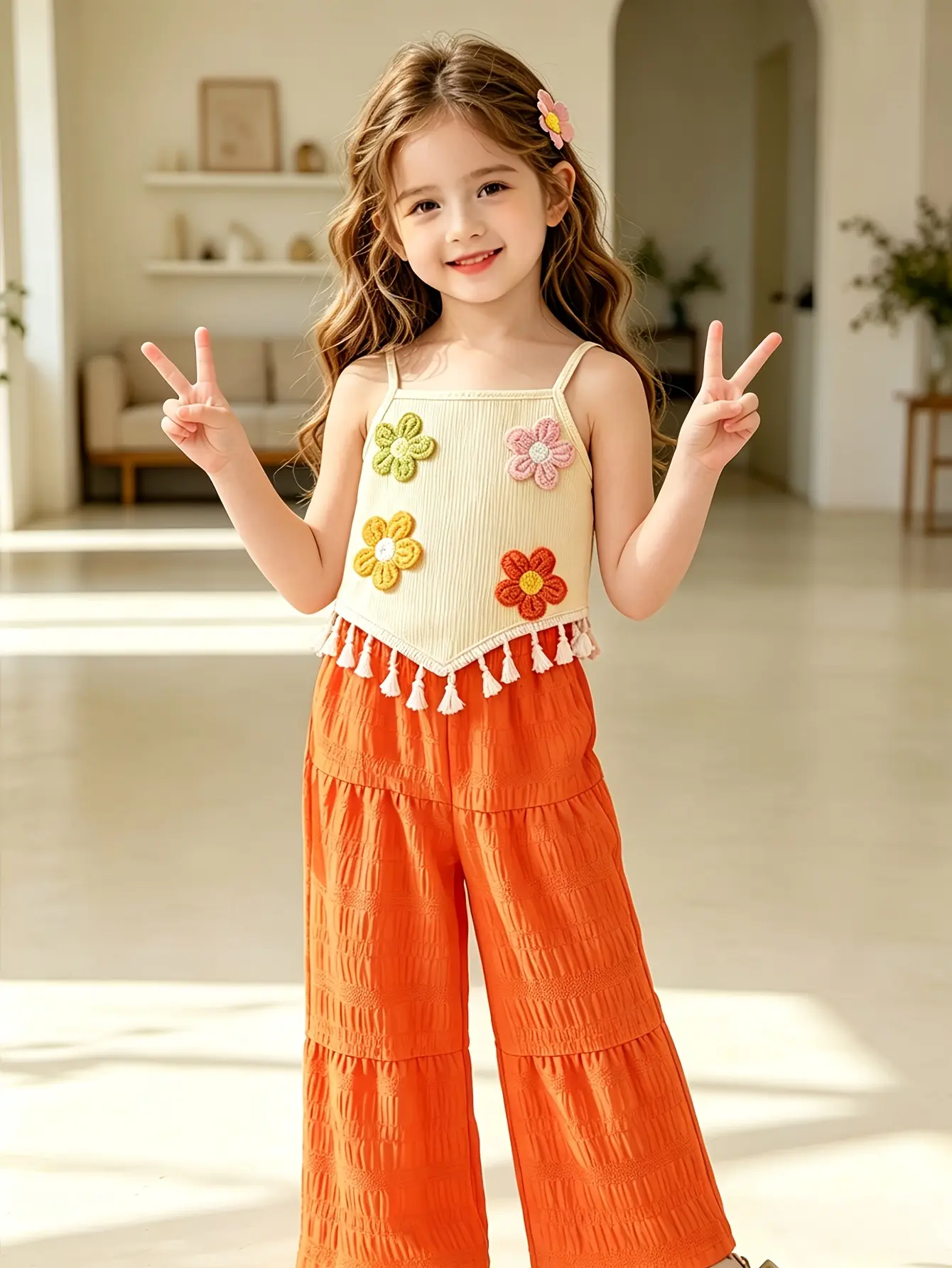 Detail 7 of Girls 3D Applique Asymmetrical Top and Pants Set by LUNORIANA