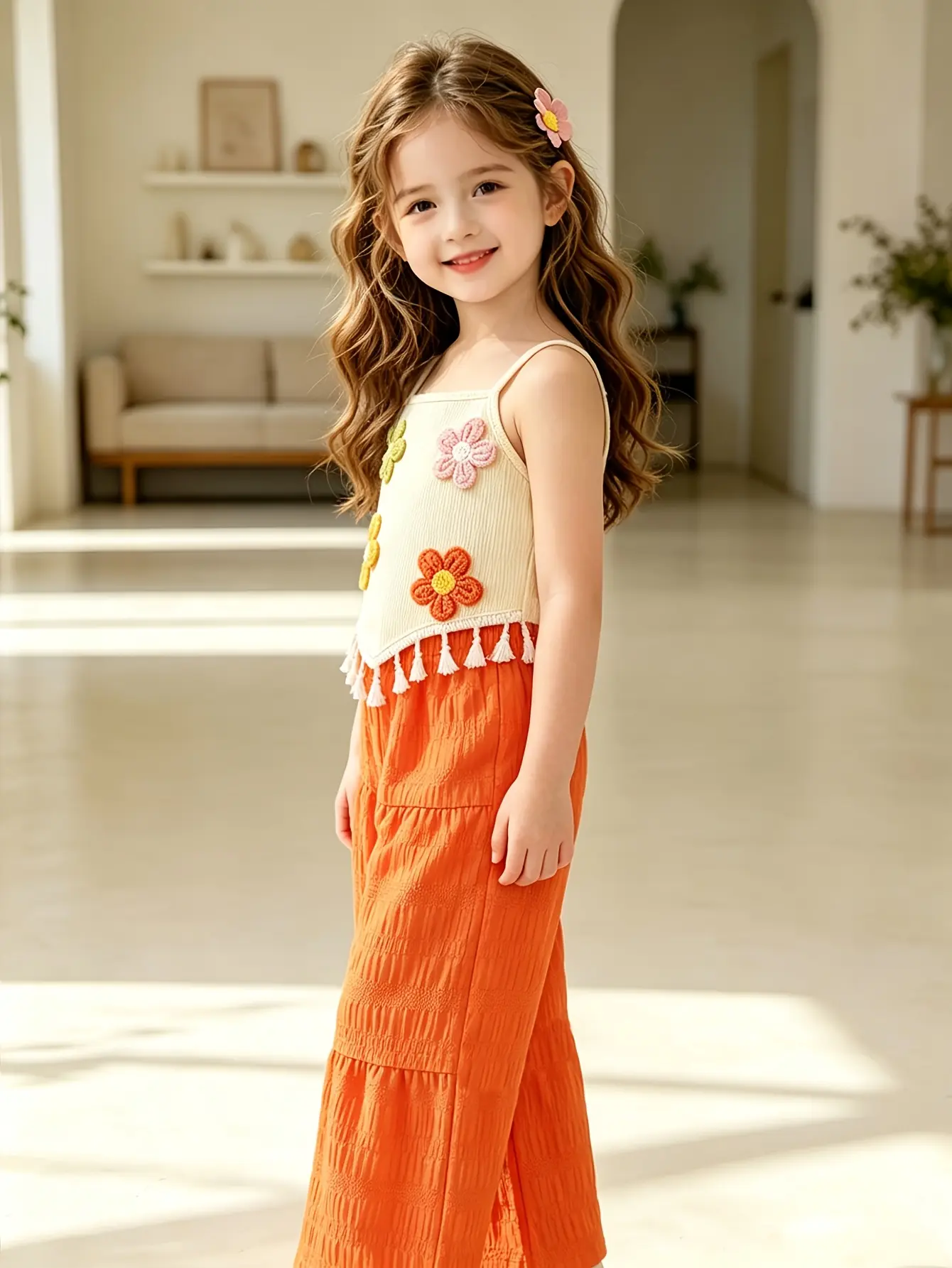Detail 2 of Girls 3D Applique Asymmetrical Top and Pants Set by LUNORIANA