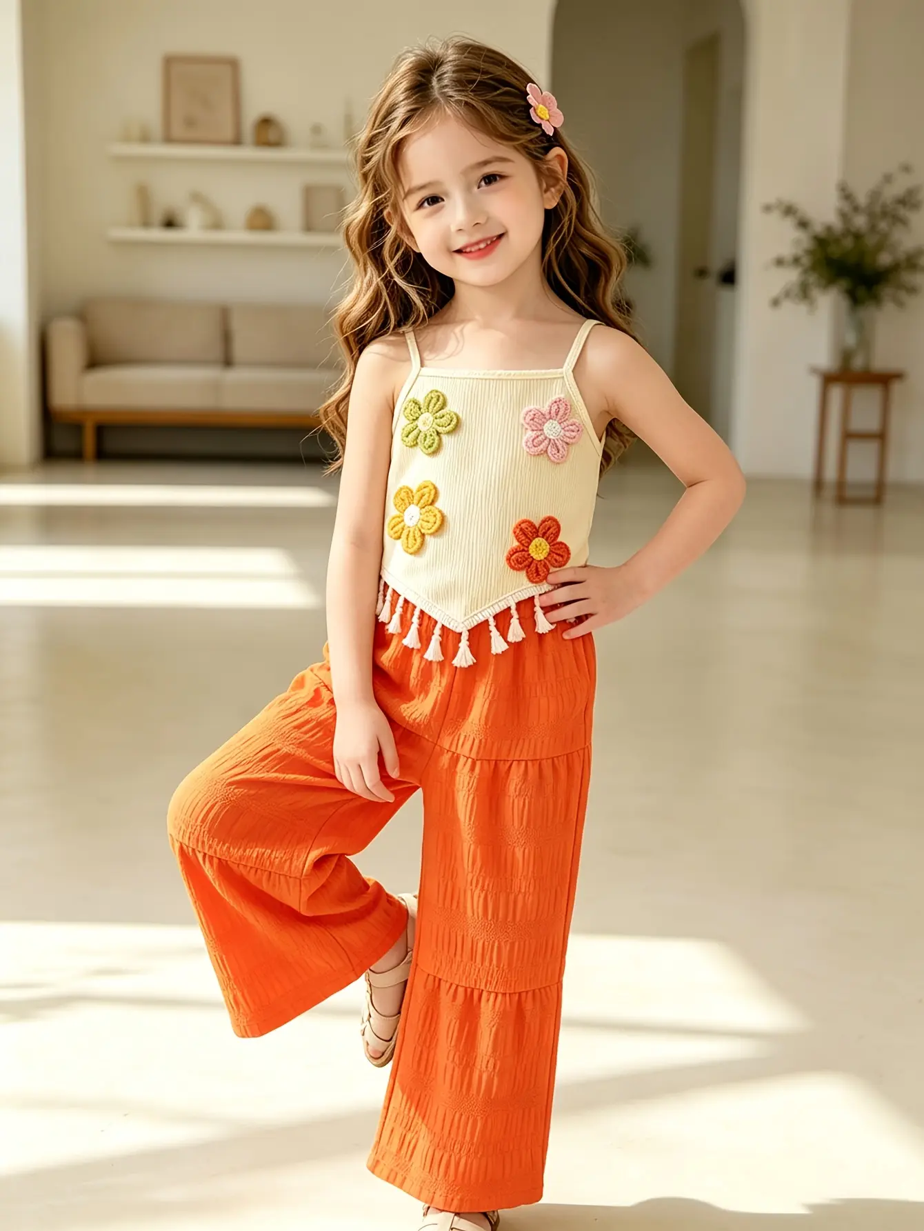Detail 5 of Girls 3D Applique Asymmetrical Top and Pants Set by LUNORIANA