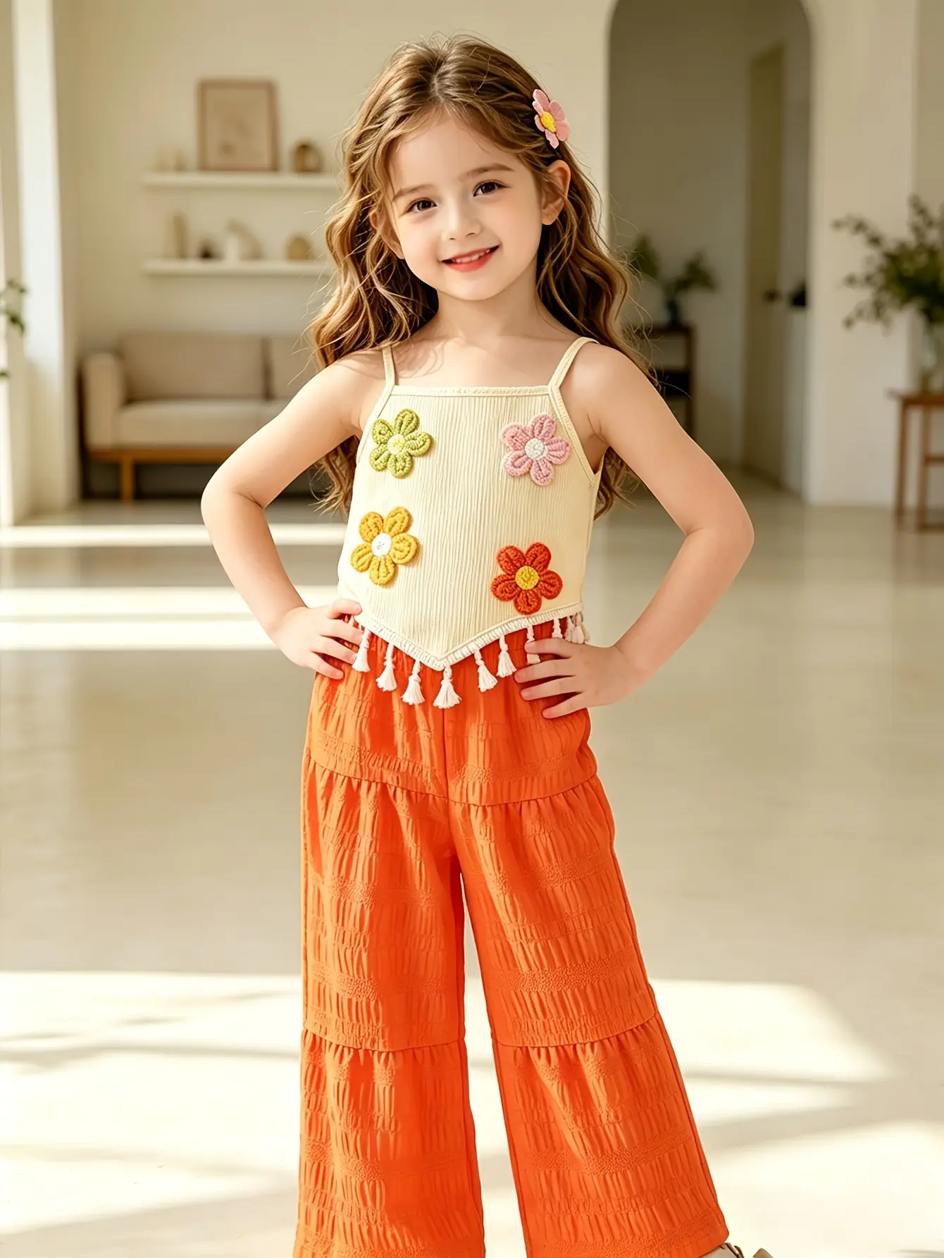 Detail 4 of Girls 3D Applique Asymmetrical Top and Pants Set by LUNORIANA