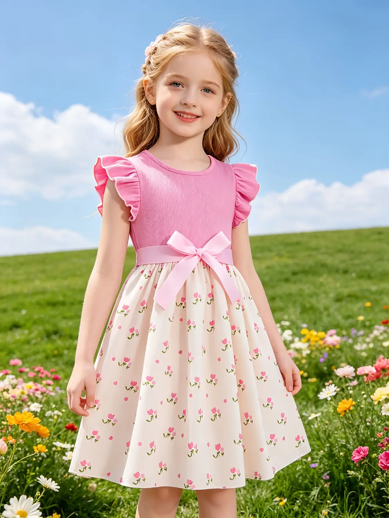Detail 2 of Girls Pink Ribbed Sleeveless Floral Dress by LUNORIANA