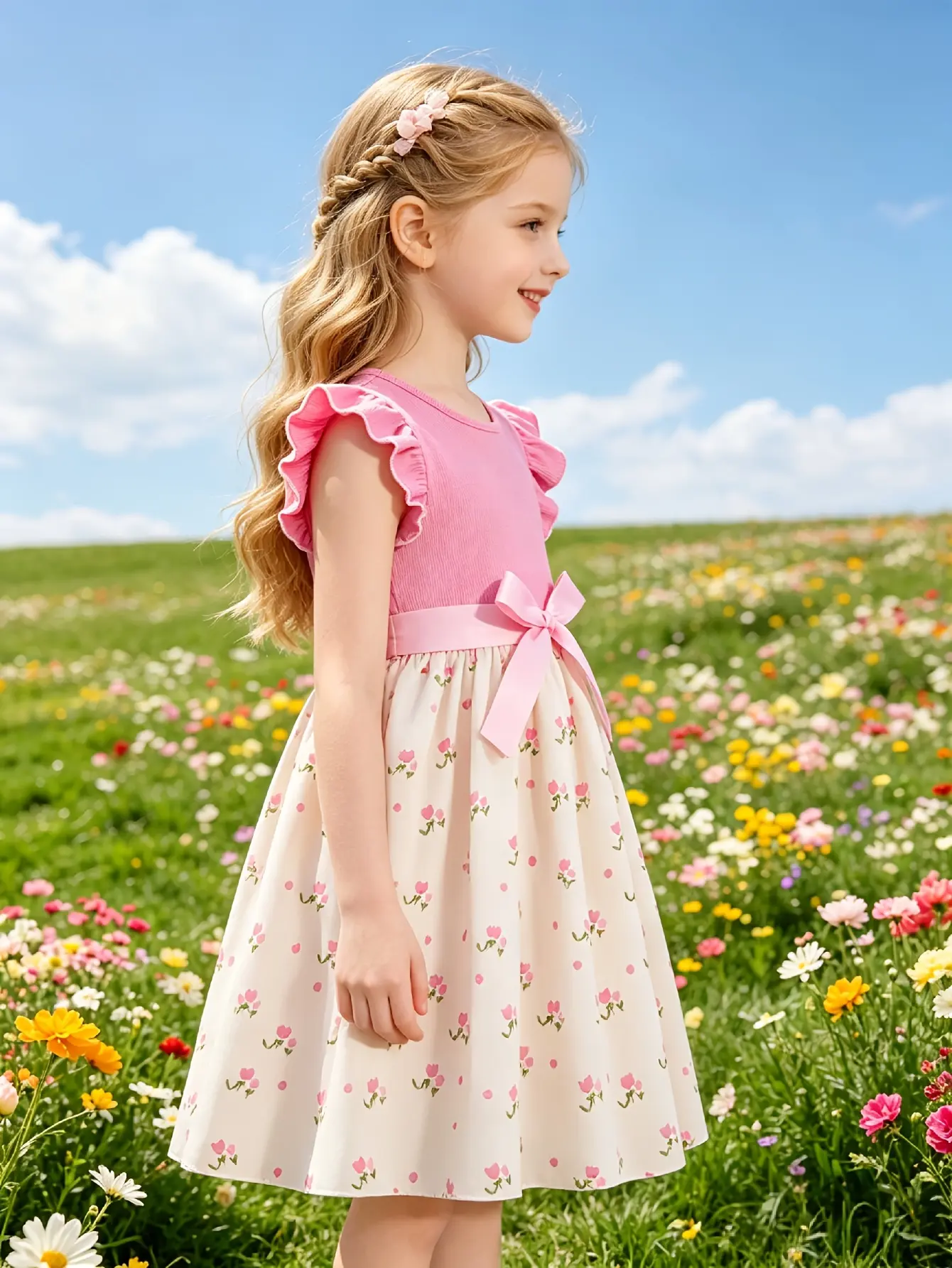 Detail 3 of Girls Pink Ribbed Sleeveless Floral Dress by LUNORIANA