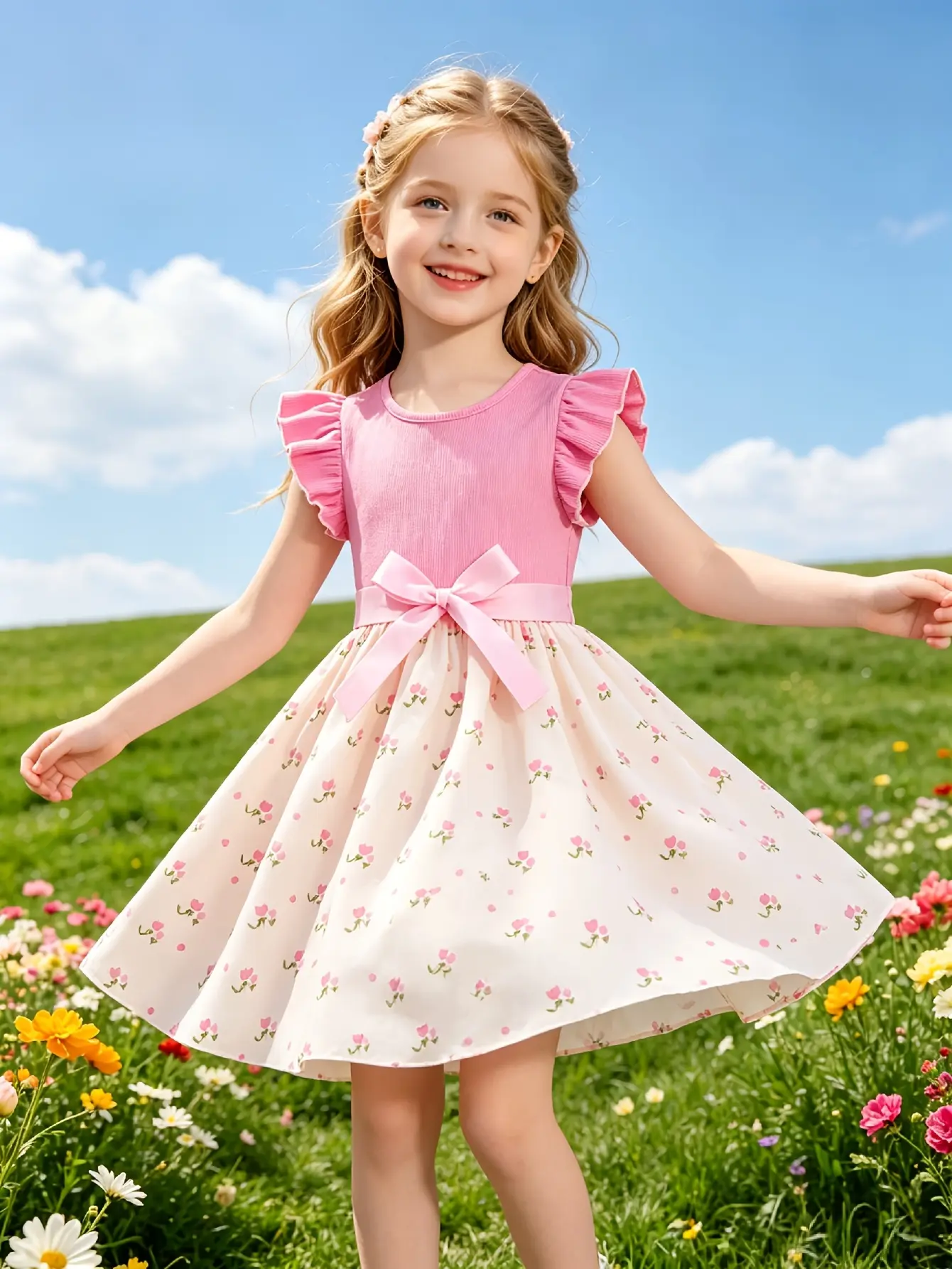 Girls Pink Ribbed Sleeveless Floral Dress