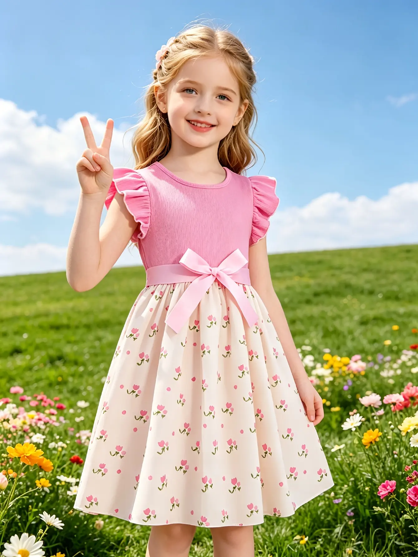 Detail 6 of Girls Pink Ribbed Sleeveless Floral Dress by LUNORIANA
