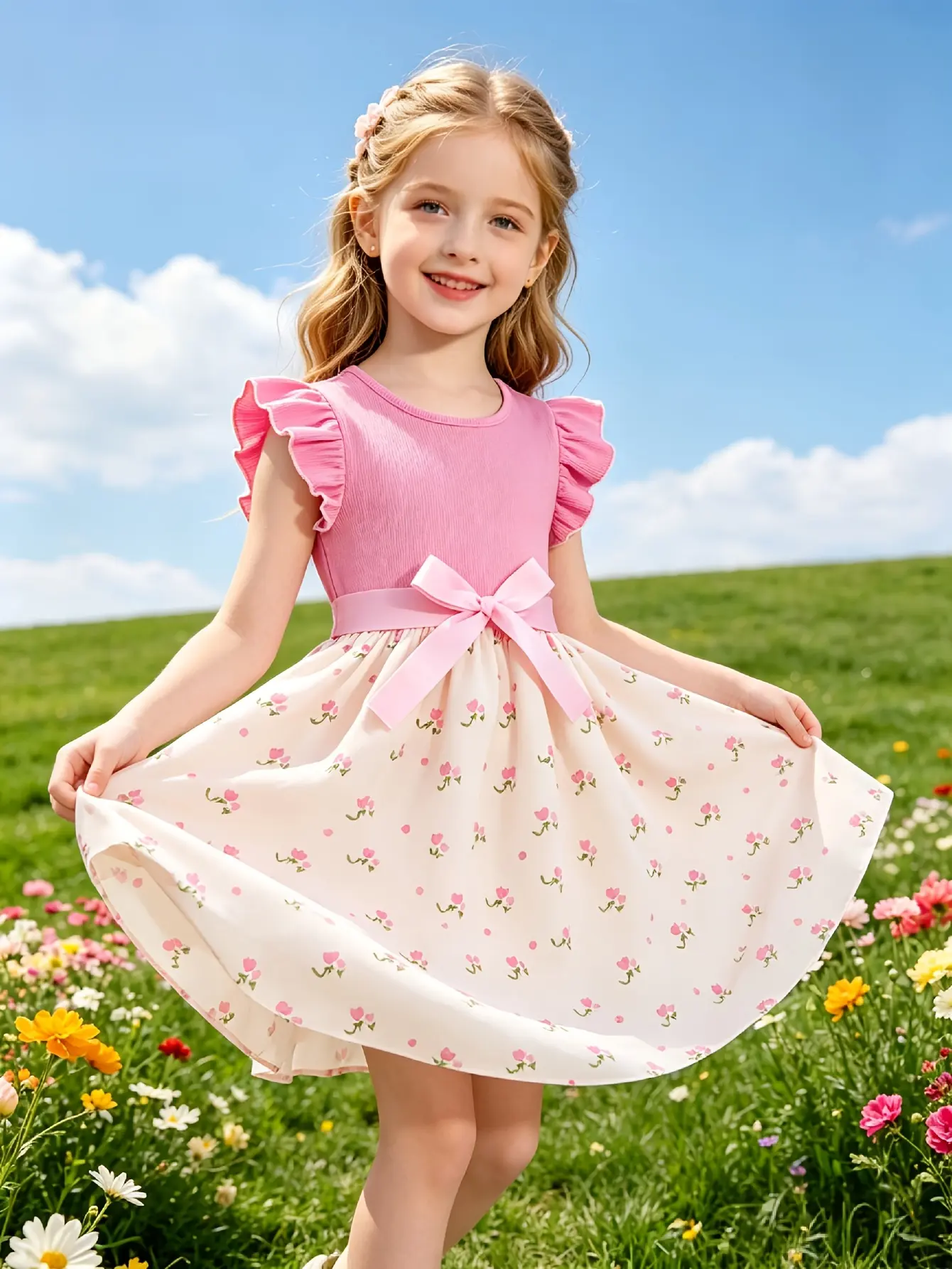 Detail 5 of Girls Pink Ribbed Sleeveless Floral Dress by LUNORIANA
