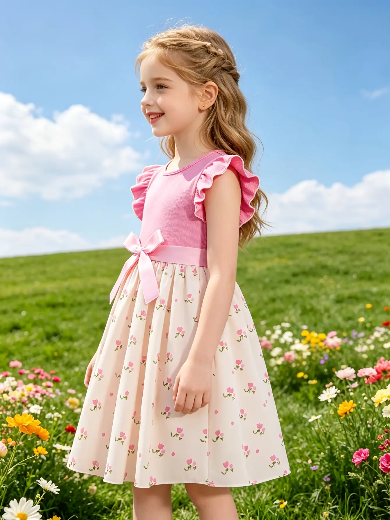 Detail 4 of Girls Pink Ribbed Sleeveless Floral Dress by LUNORIANA