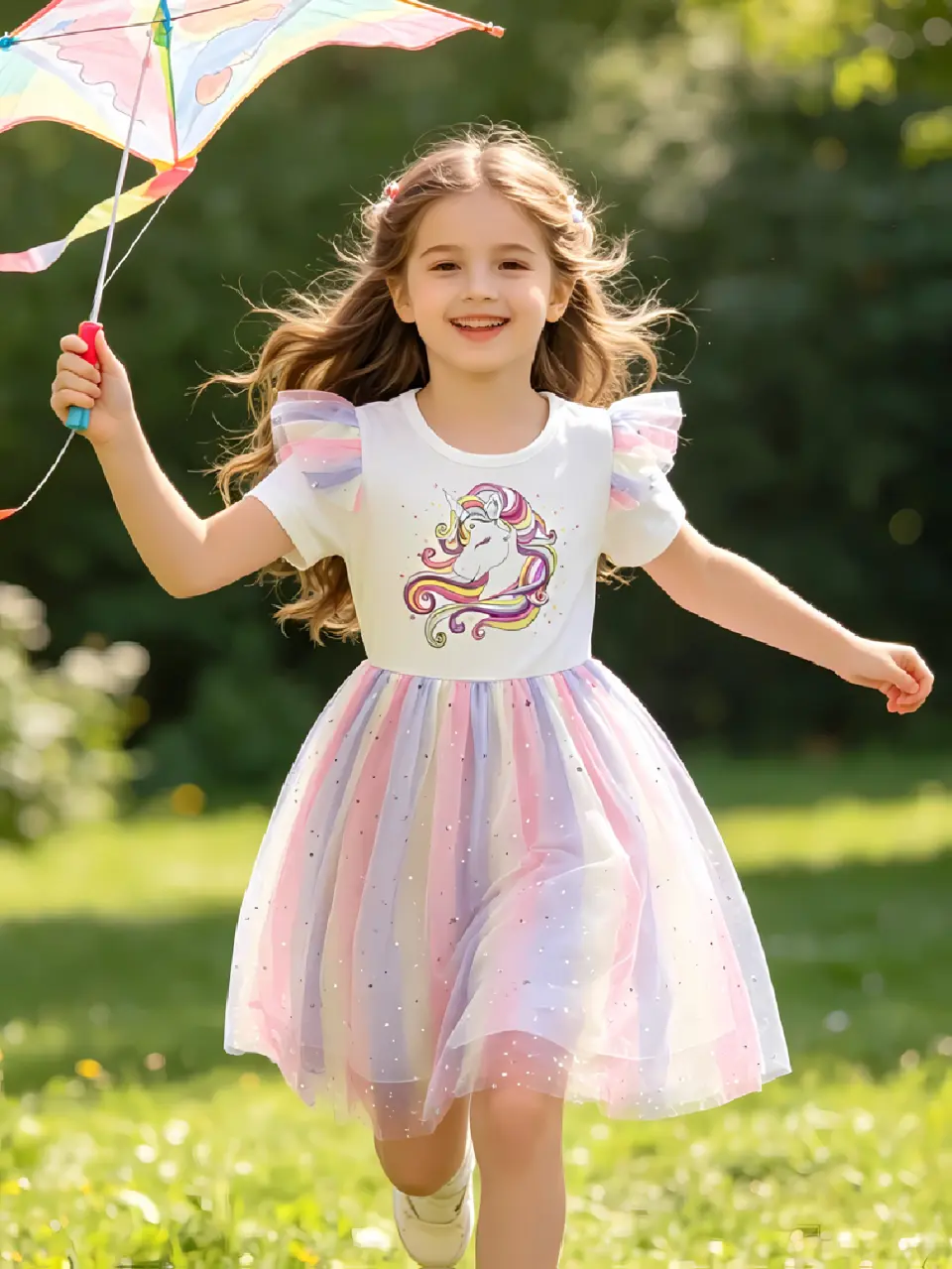 Girls Flutter Sleeve Sequin Tulle Dress