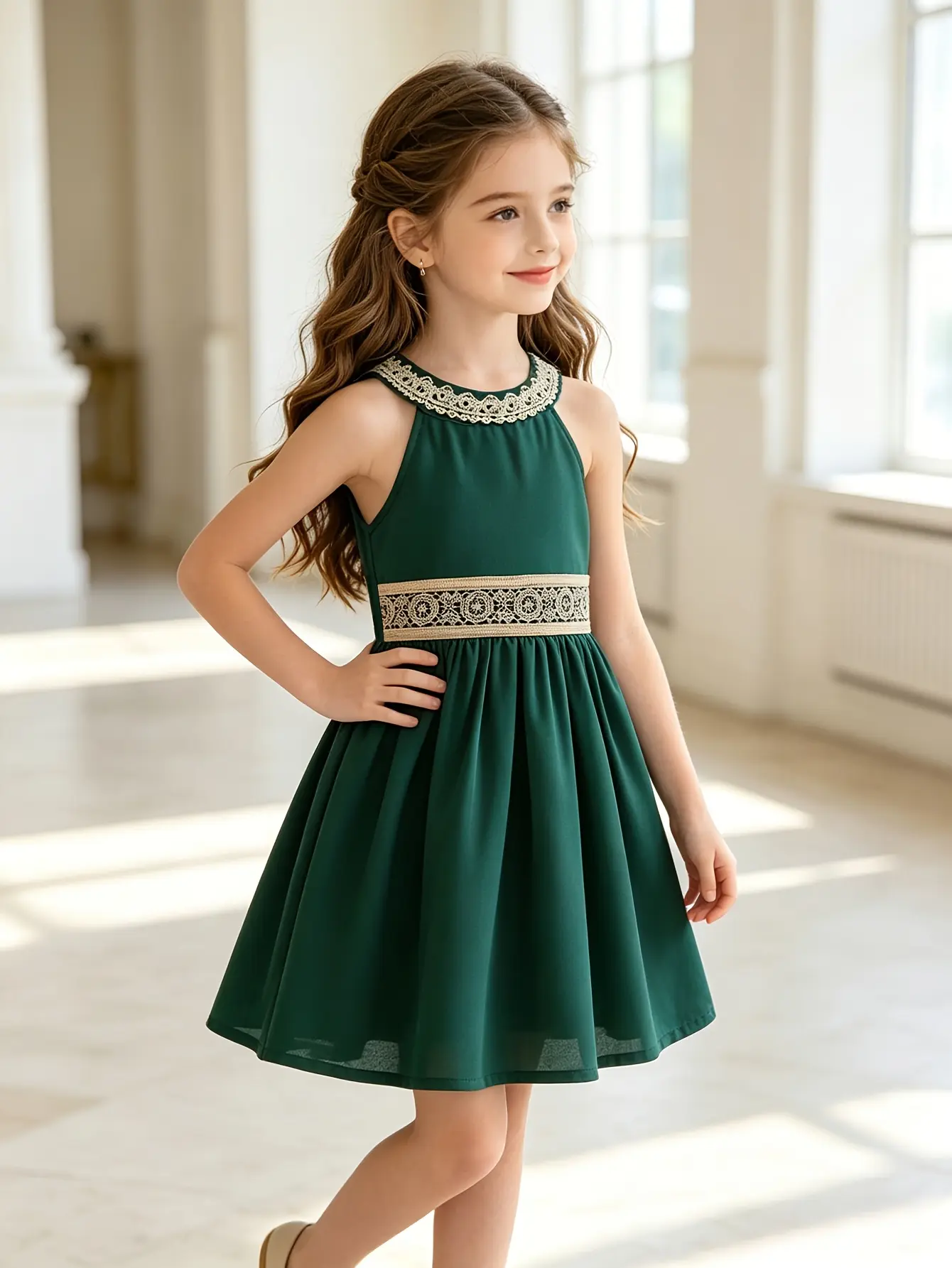 Detail 3 of Girls Green Sleeveless Woven Knee-Length Dress by LUNORIANA