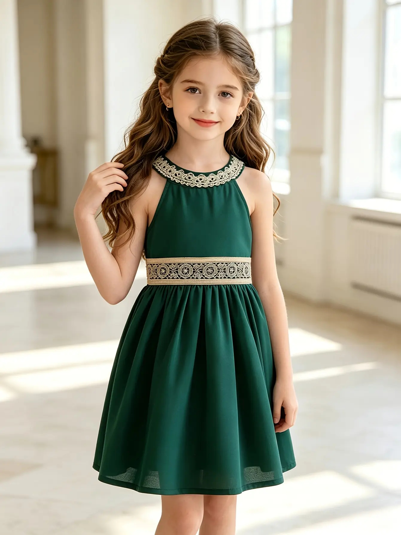 Detail 5 of Girls Green Sleeveless Woven Knee-Length Dress by LUNORIANA