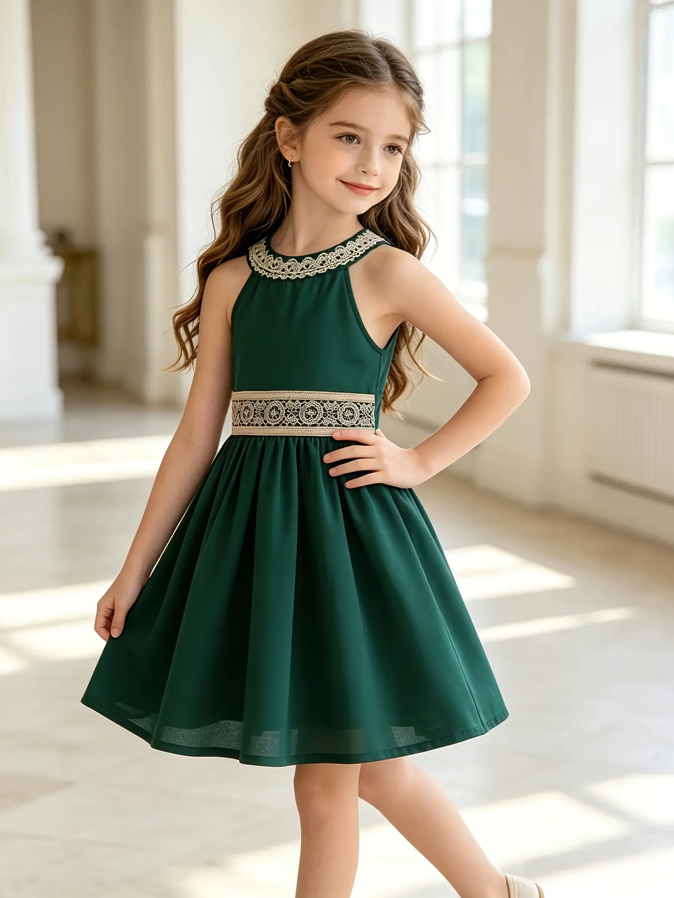 Detail 4 of Girls Green Sleeveless Woven Knee-Length Dress by LUNORIANA