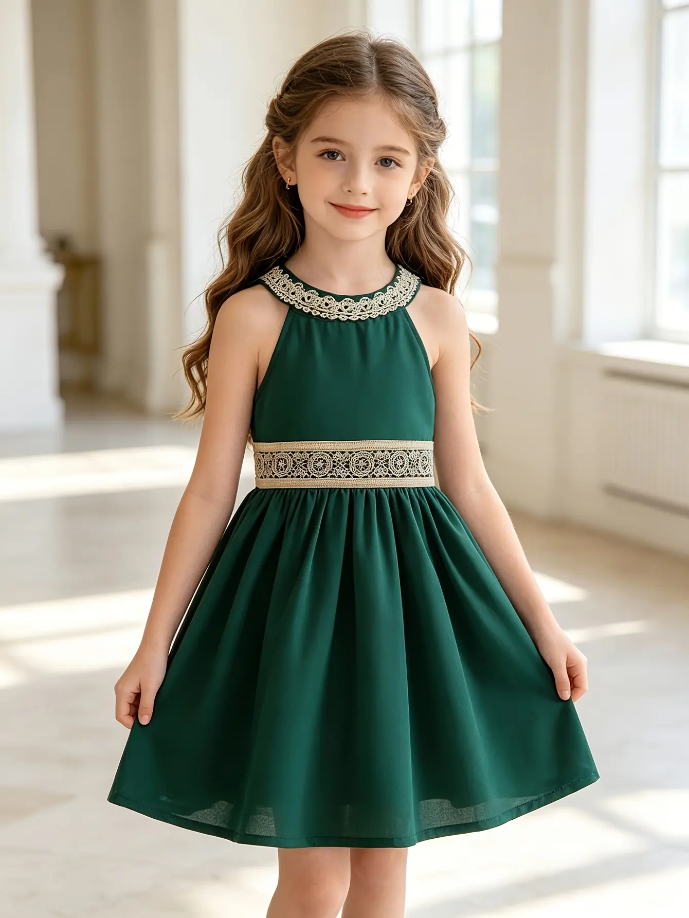 Girls Green Sleeveless Woven Knee-Length Dress