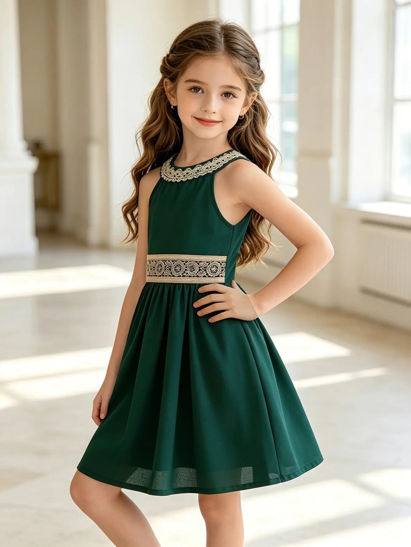 Detail 2 of Girls Green Sleeveless Woven Knee-Length Dress by LUNORIANA