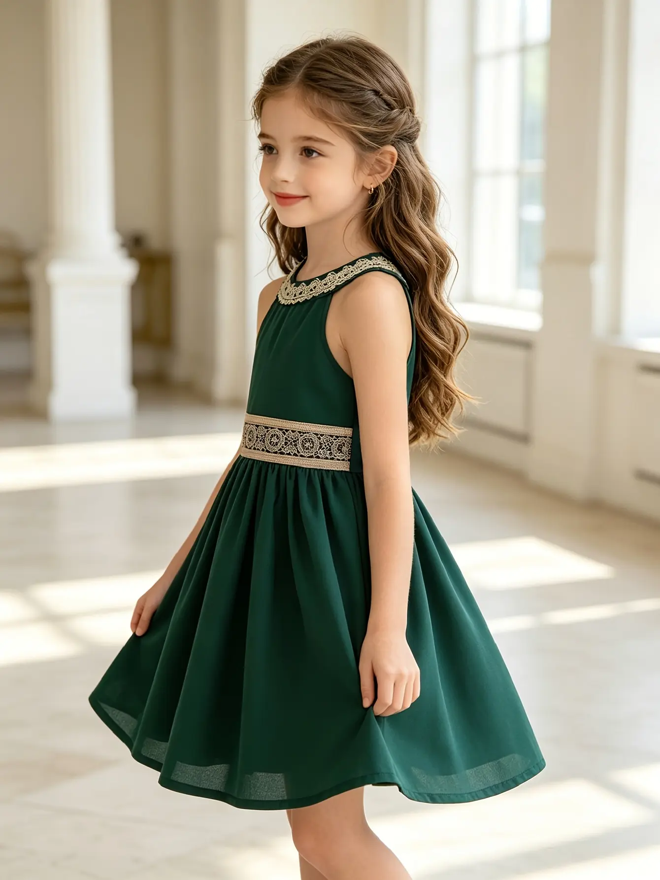 Detail 1 of Girls Green Sleeveless Woven Knee-Length Dress by LUNORIANA