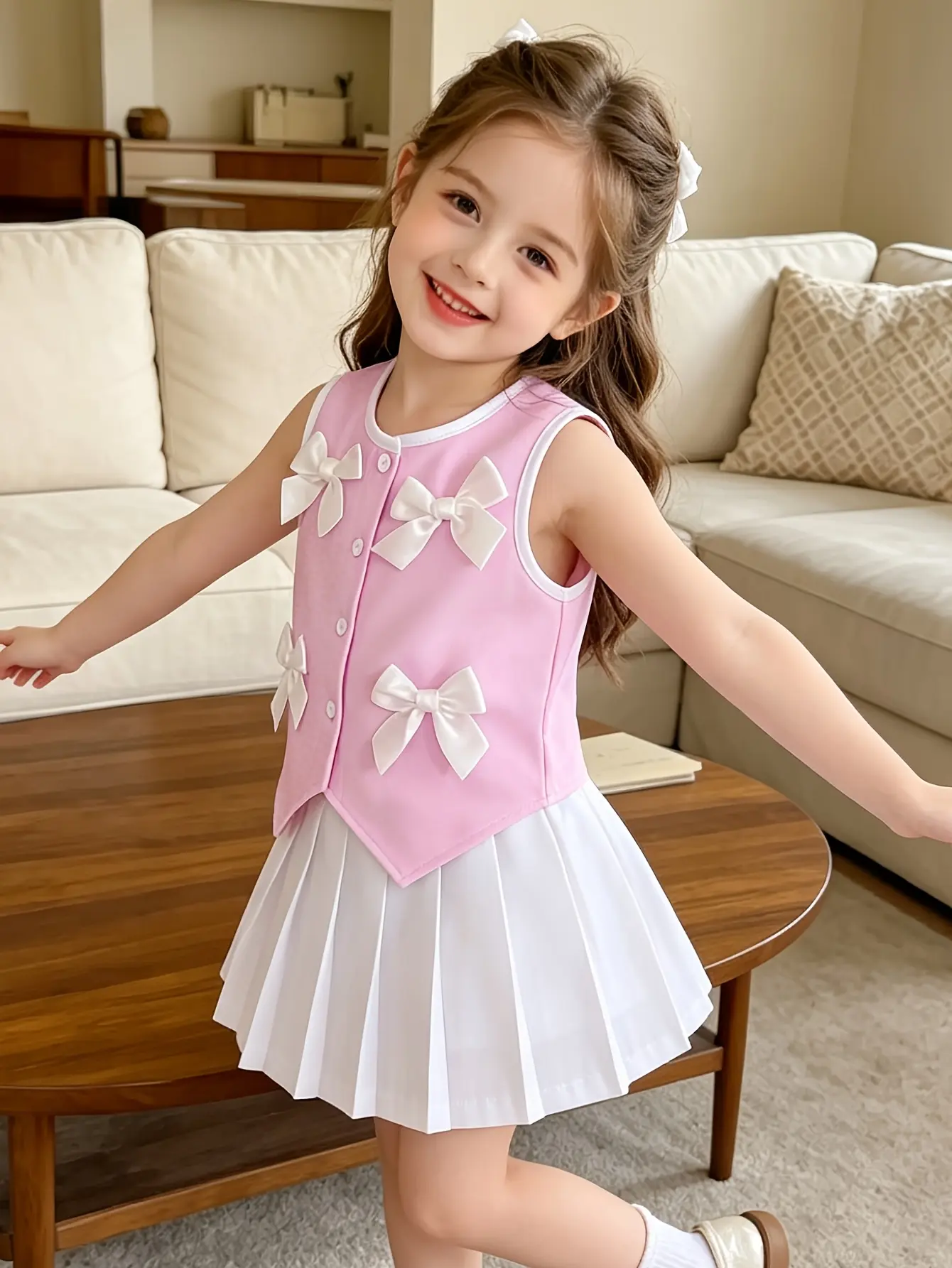Detail 6 of Girls Sleeveless Bow Button Top and Pleated Skirt Set by LUNORIANA