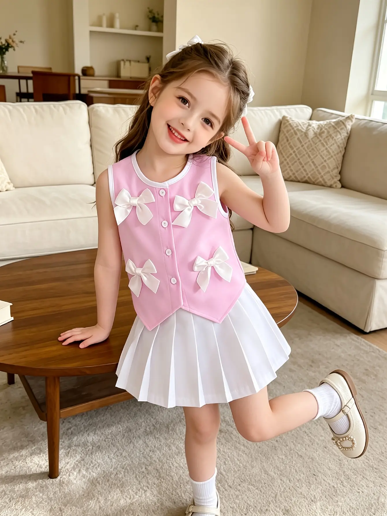 Detail 5 of Girls Sleeveless Bow Button Top and Pleated Skirt Set by LUNORIANA
