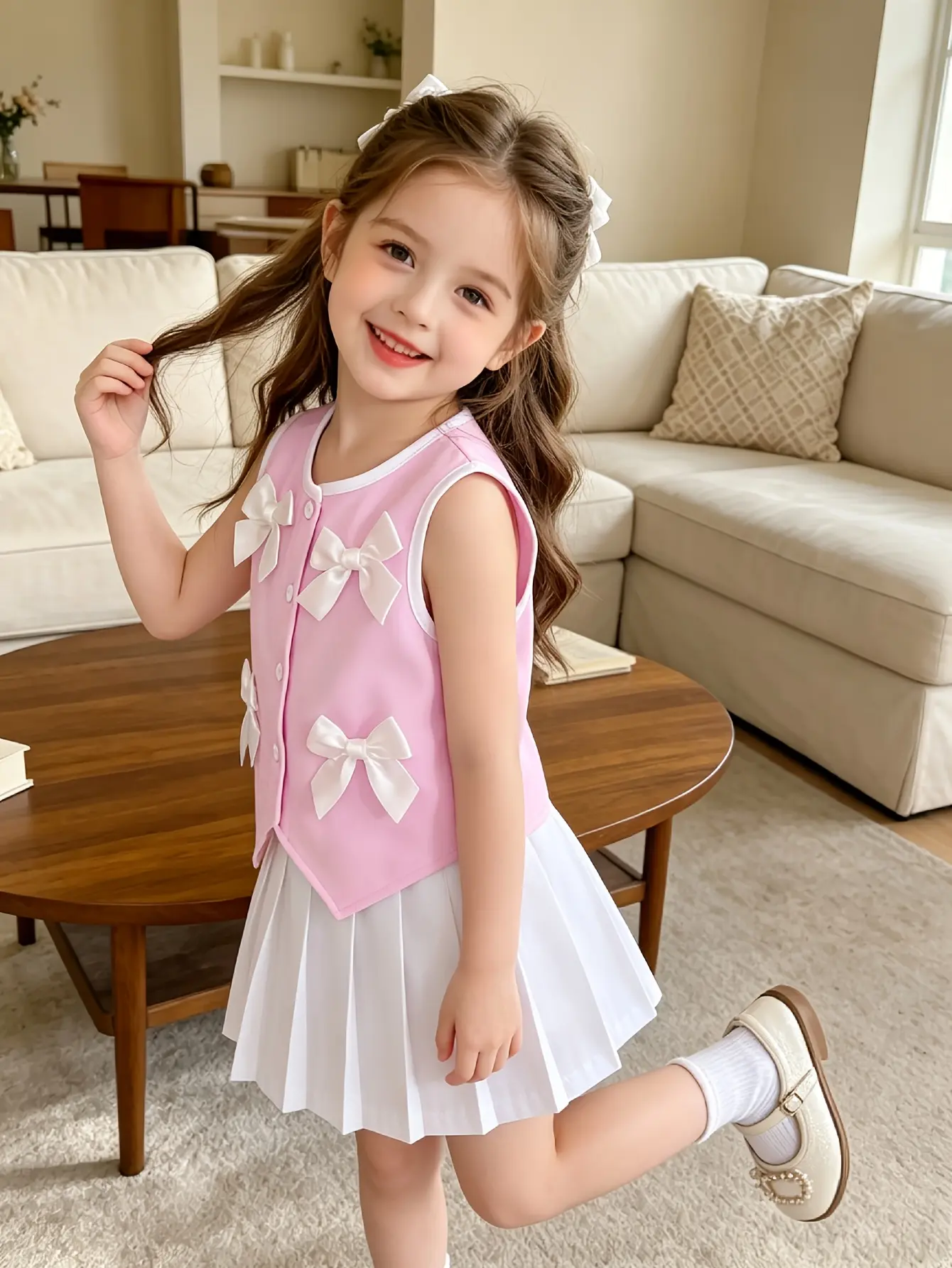 Detail 2 of Girls Sleeveless Bow Button Top and Pleated Skirt Set by LUNORIANA