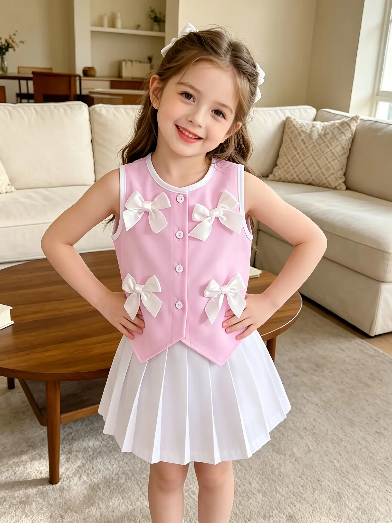 Detail 4 of Girls Sleeveless Bow Button Top and Pleated Skirt Set by LUNORIANA
