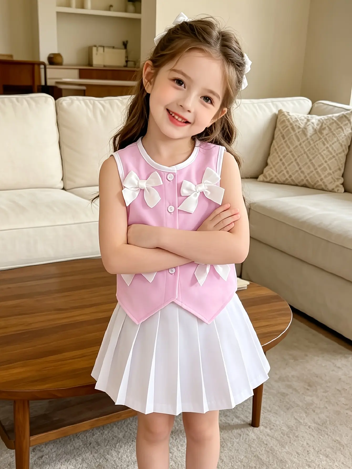 Detail 3 of Girls Sleeveless Bow Button Top and Pleated Skirt Set by LUNORIANA