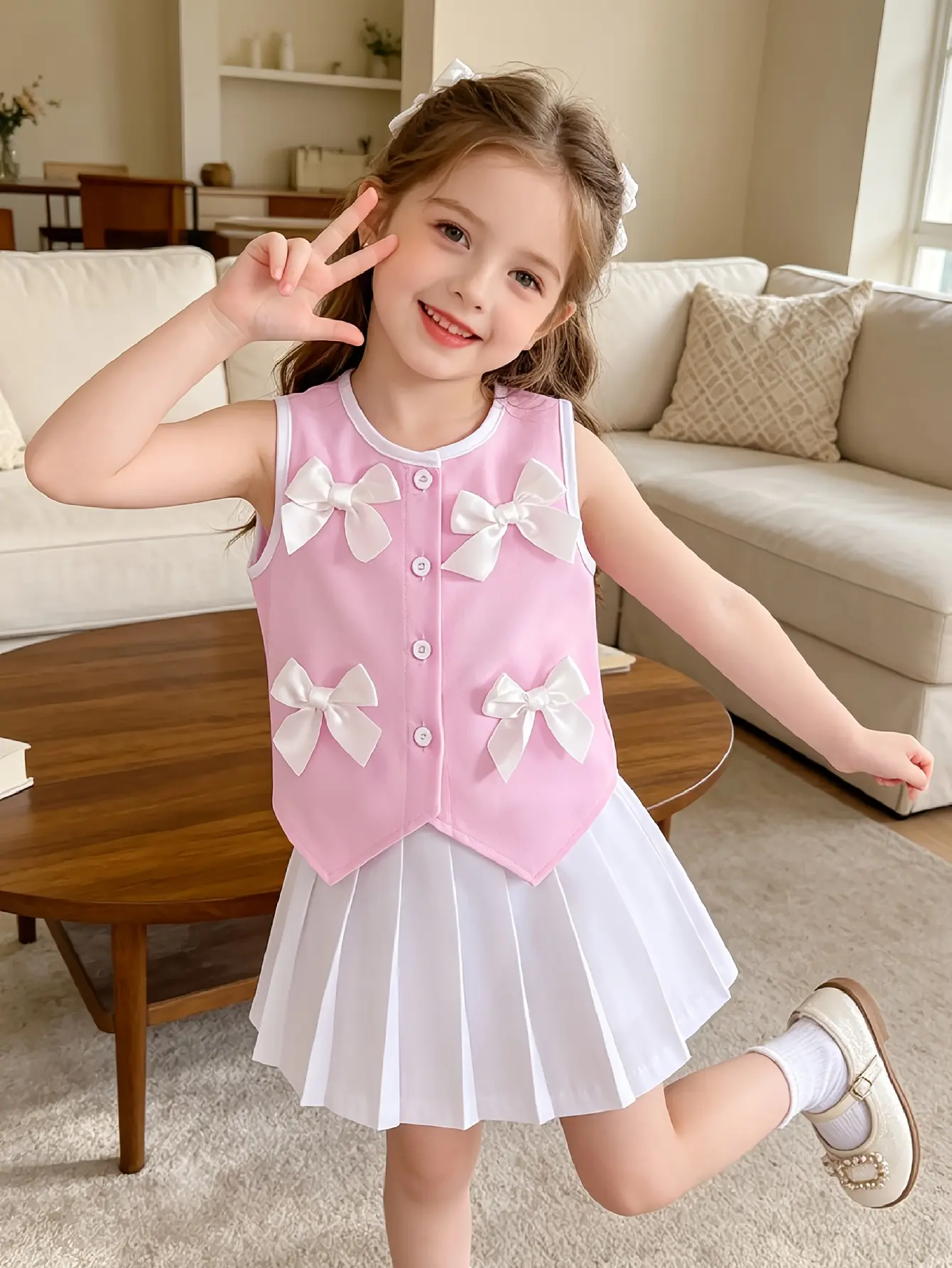 Girls Sleeveless Bow Button Top and Pleated Skirt Set