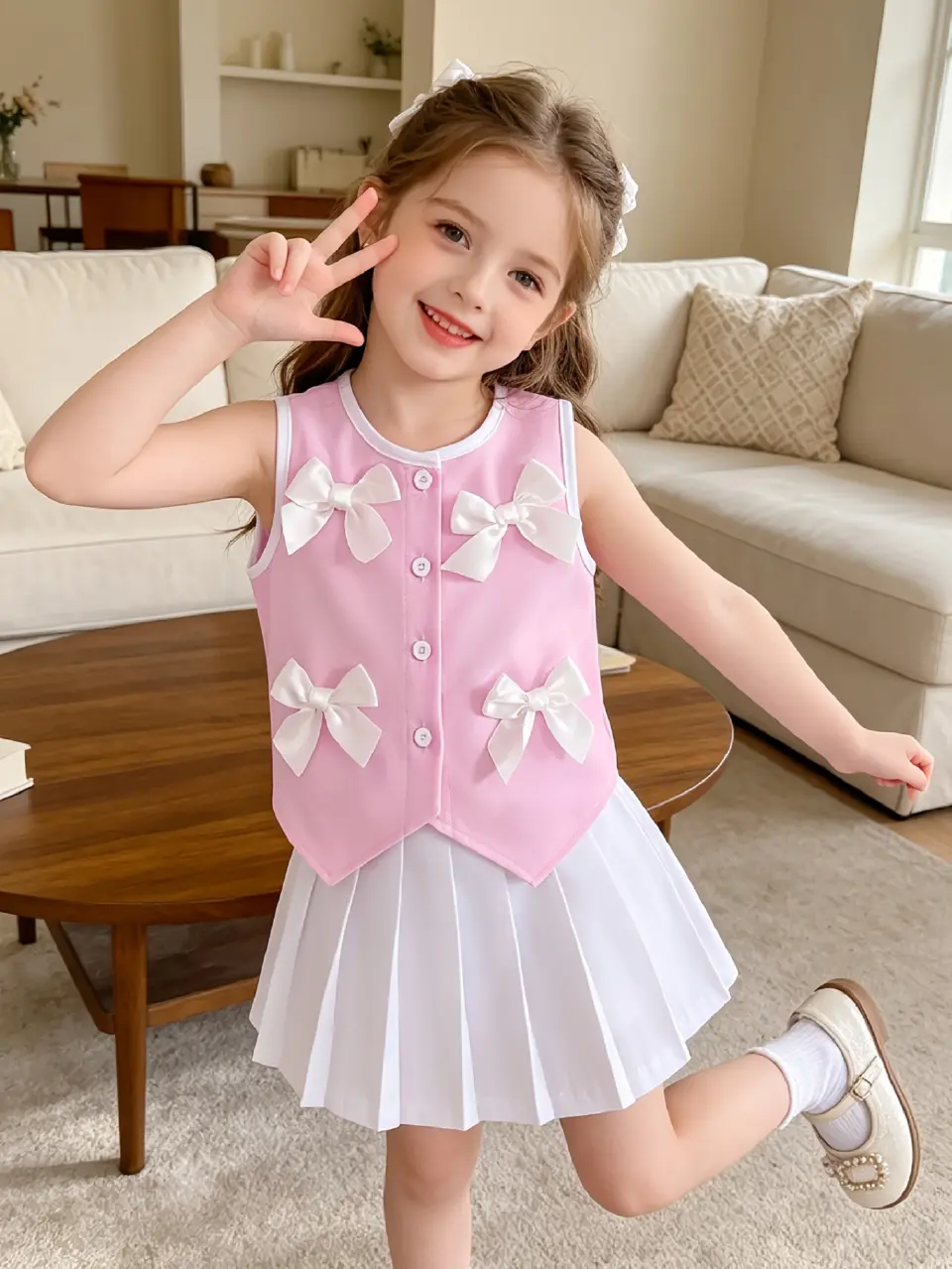 Girls Sleeveless Bow Button Top and Pleated Skirt Set