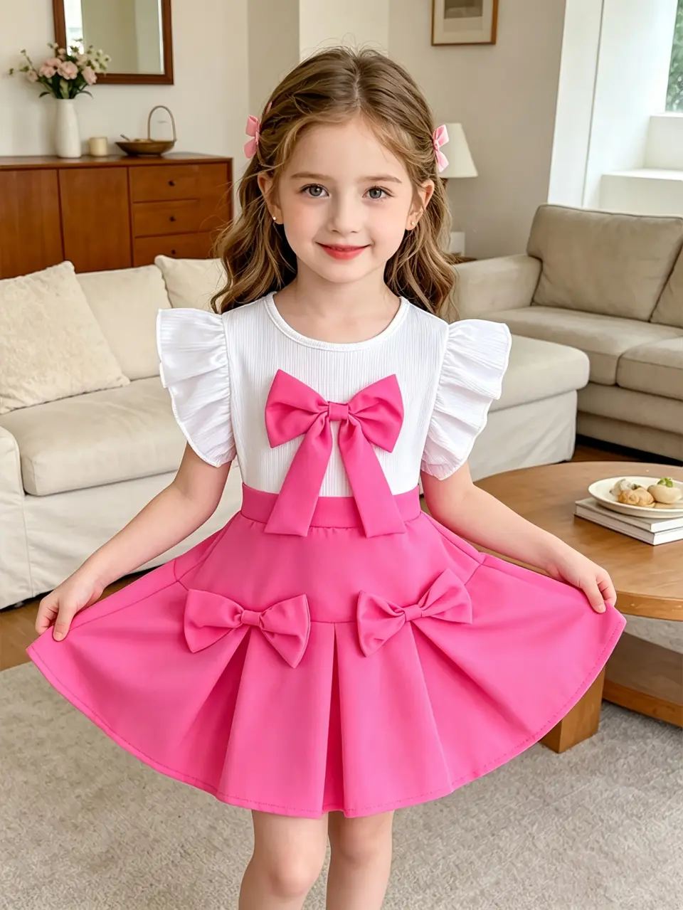 Girls Ruffle Sleeveless Top and Bow Skirt Set