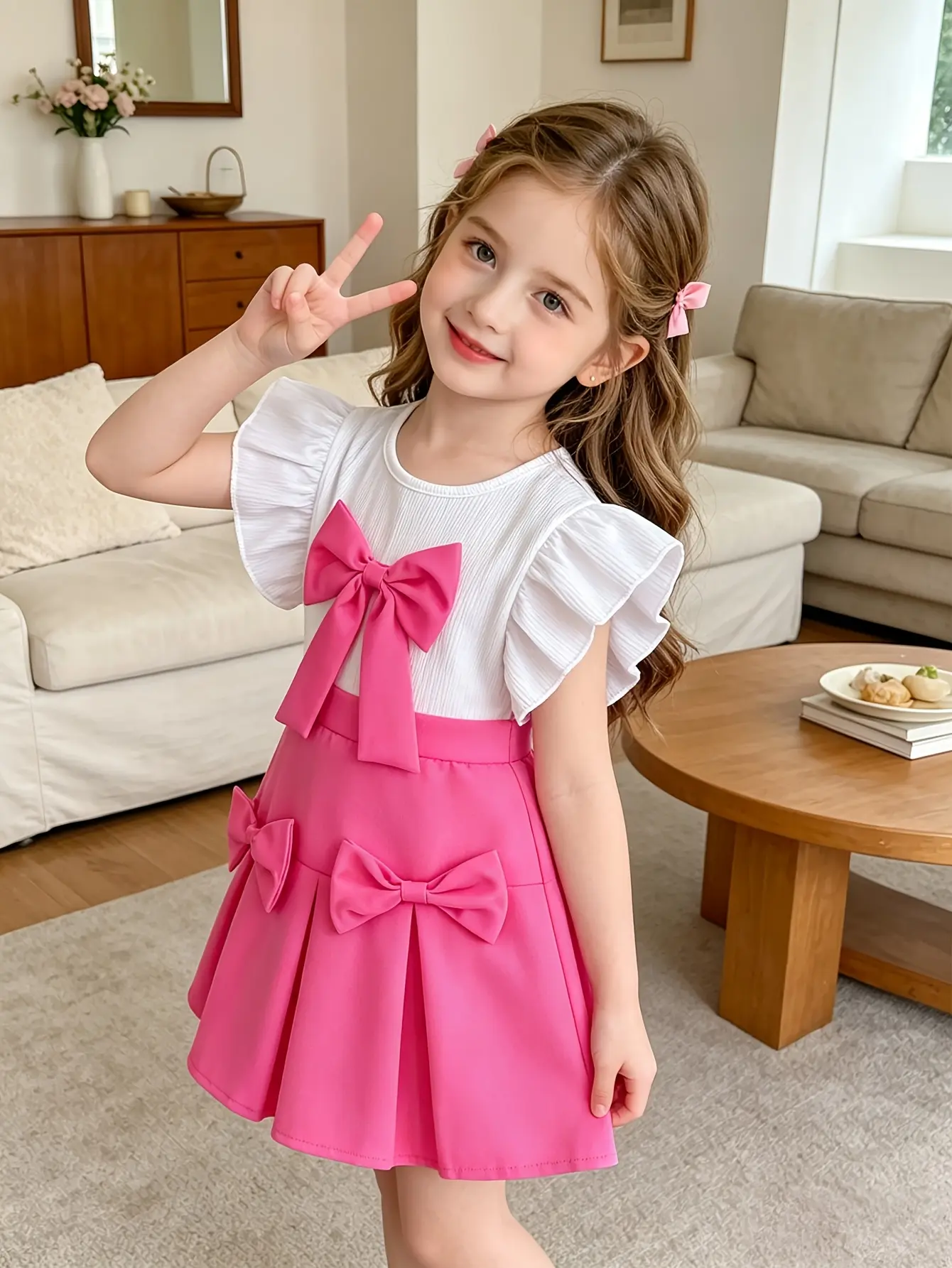 Detail 2 of Girls Ruffle Sleeveless Top and Bow Skirt Set by LUNORIANA