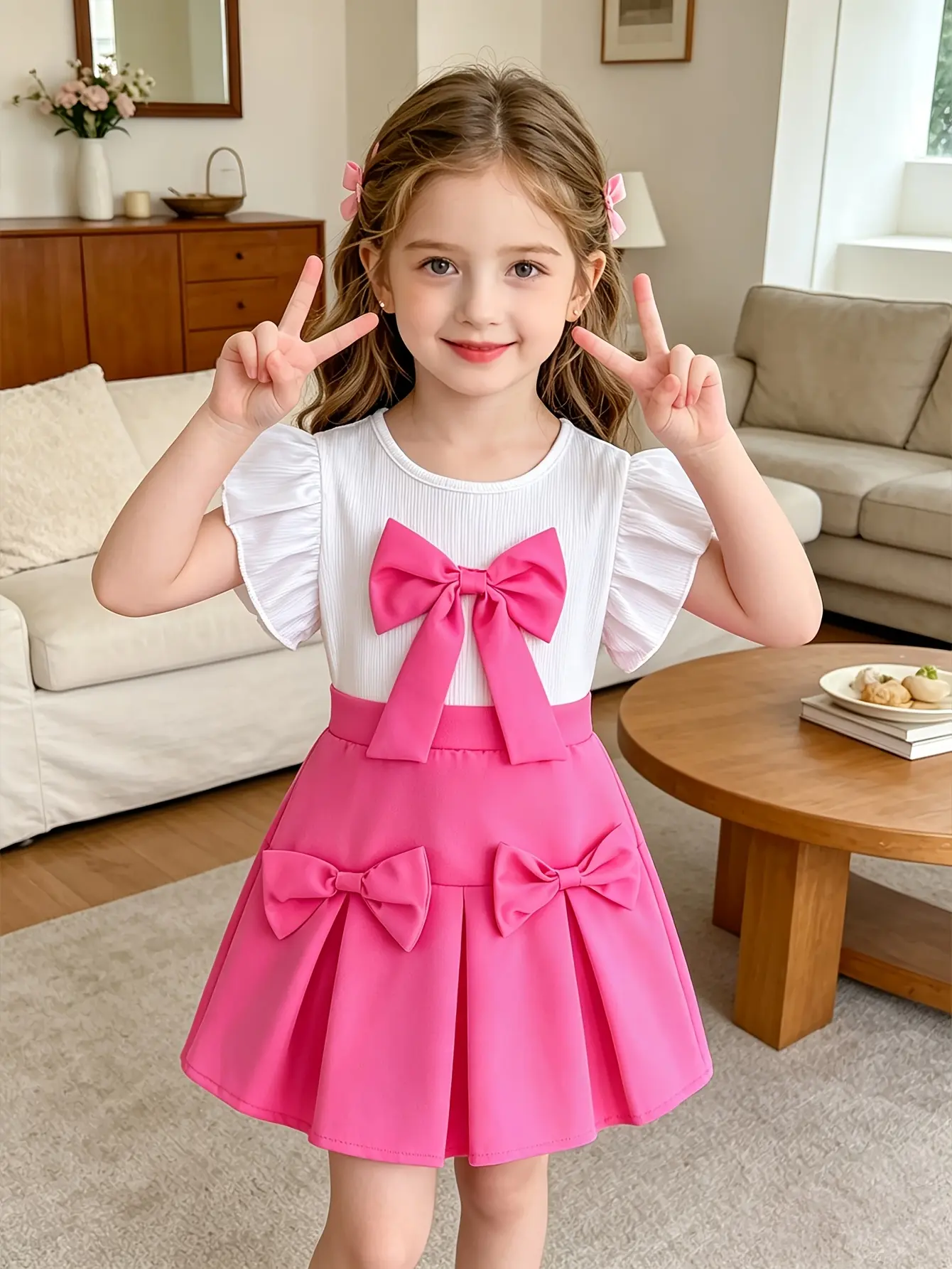 Detail 3 of Girls Ruffle Sleeveless Top and Bow Skirt Set by LUNORIANA