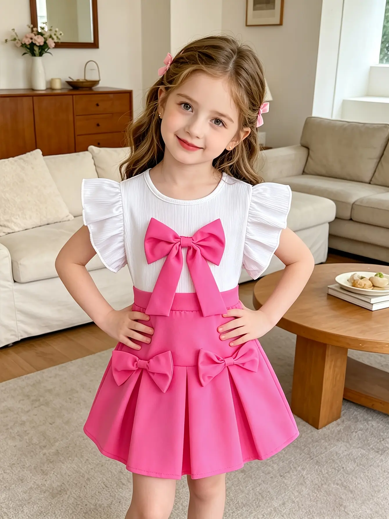 Detail 1 of Girls Ruffle Sleeveless Top and Bow Skirt Set by LUNORIANA