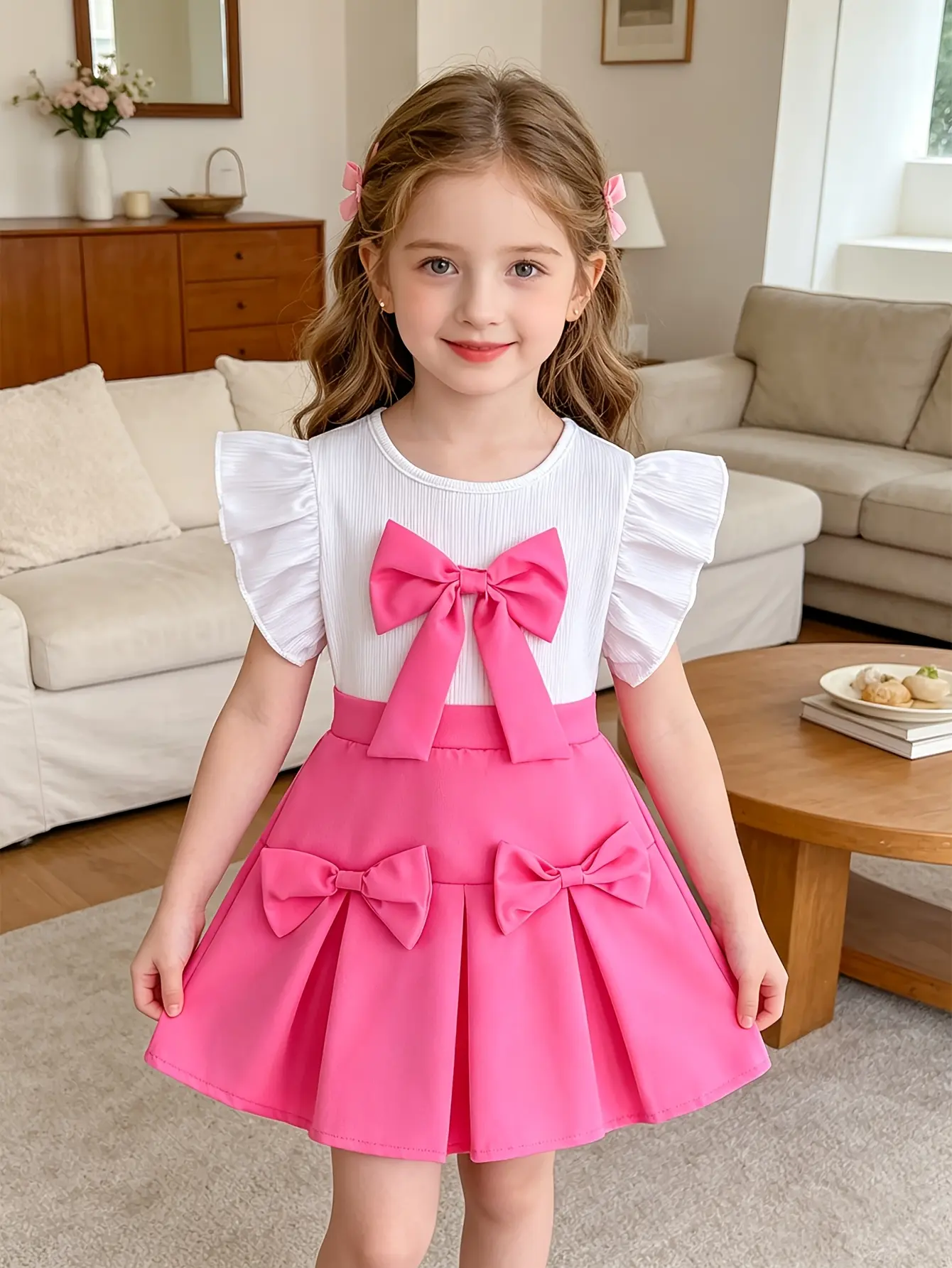 Detail 4 of Girls Ruffle Sleeveless Top and Bow Skirt Set by LUNORIANA