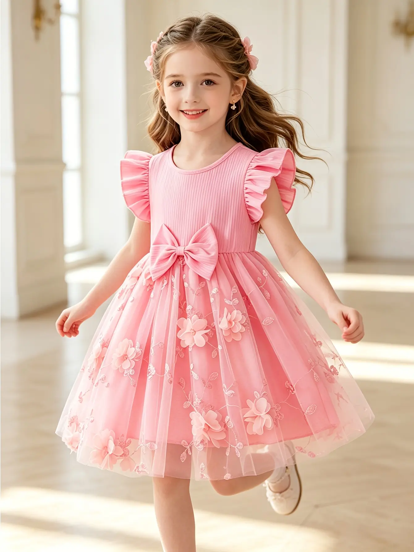 Detail 4 of Girls Pink Ribbed Tulle Dress with 3D Floral Embroidery by LUNORIANA