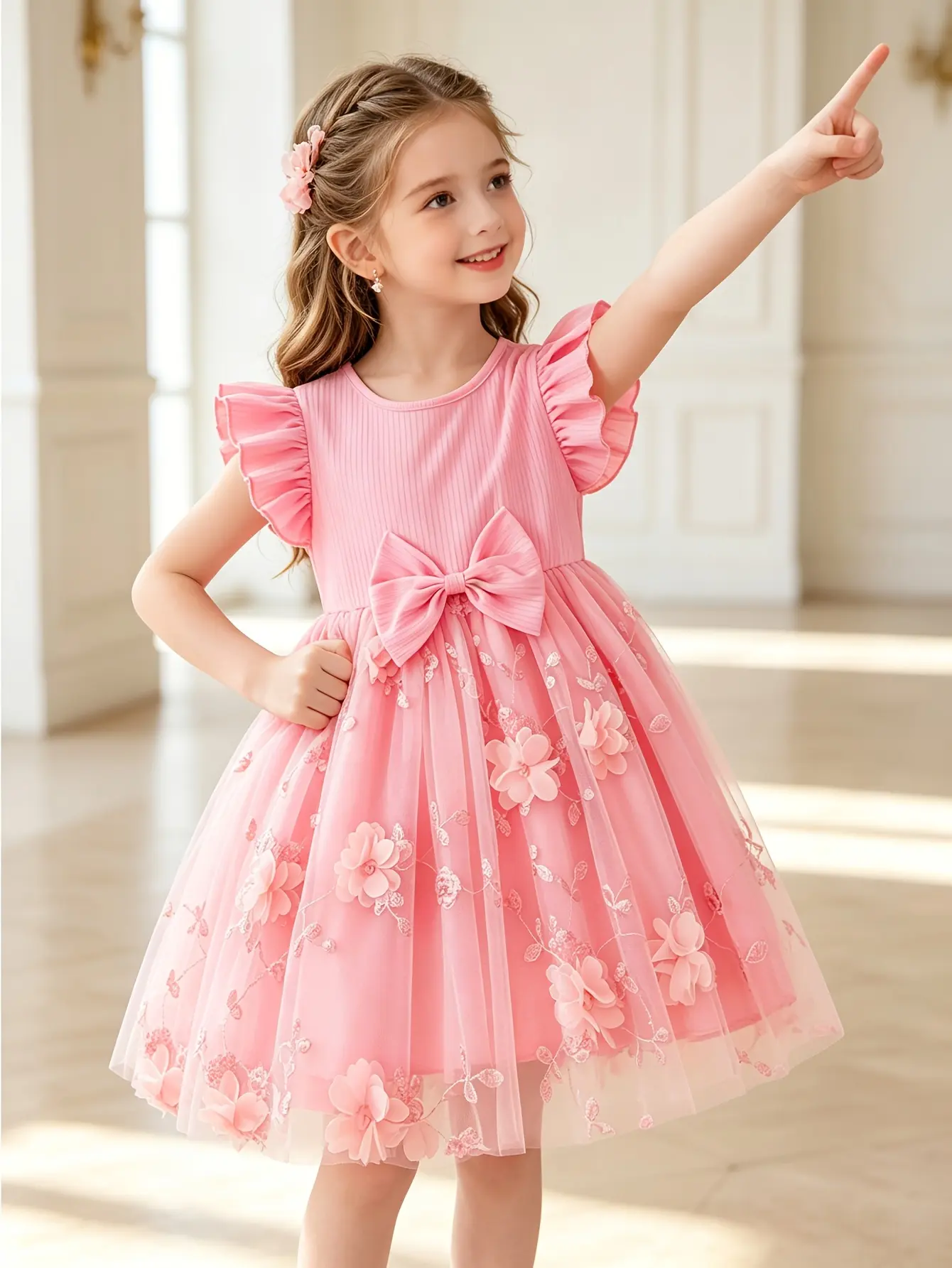 Detail 3 of Girls Pink Ribbed Tulle Dress with 3D Floral Embroidery by LUNORIANA
