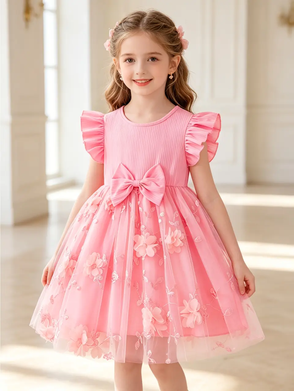 Girls Pink Ribbed Tulle Dress with 3D Floral Embroidery