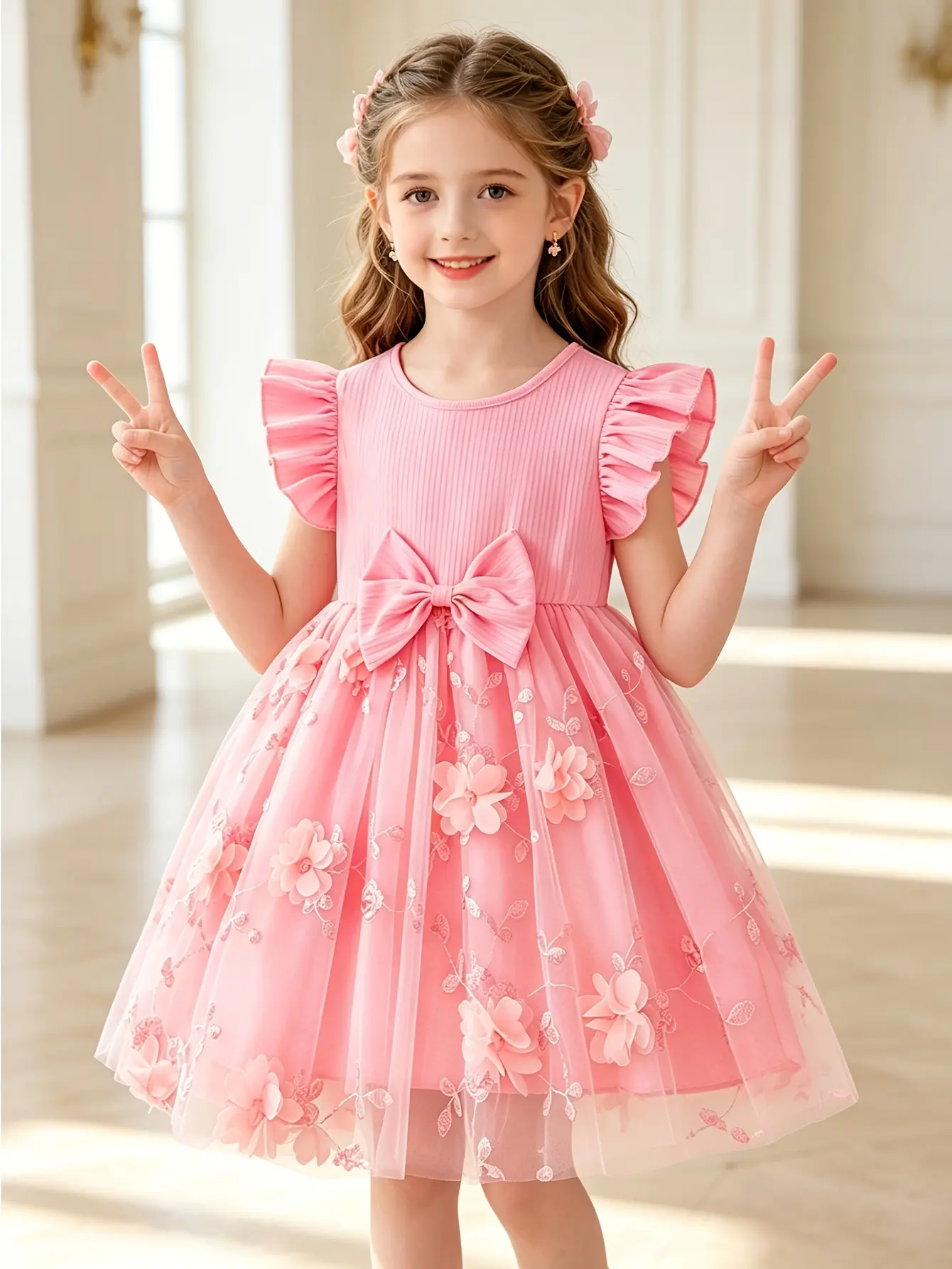 Detail 5 of Girls Pink Ribbed Tulle Dress with 3D Floral Embroidery by LUNORIANA