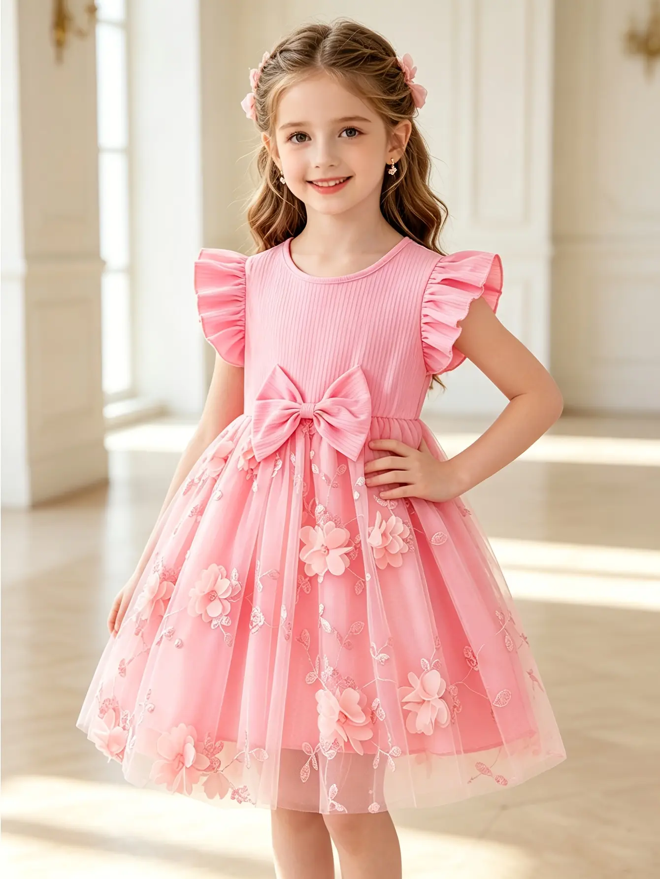 Detail 2 of Girls Pink Ribbed Tulle Dress with 3D Floral Embroidery by LUNORIANA