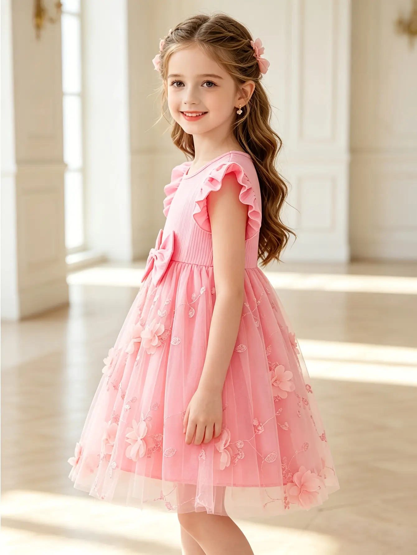 Detail 1 of Girls Pink Ribbed Tulle Dress with 3D Floral Embroidery by LUNORIANA