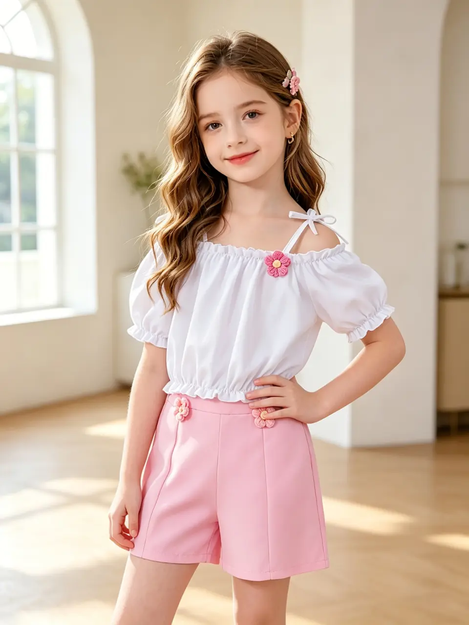 Girls White Off-Shoulder Cami Top and Pink Shorts Set