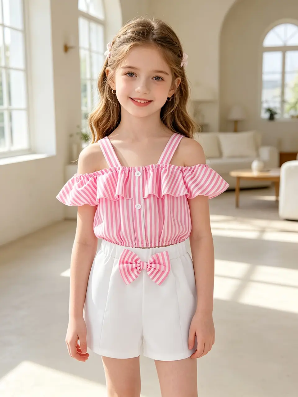 Girls Striped Off-Shoulder Cami Top and Bow Shorts Set