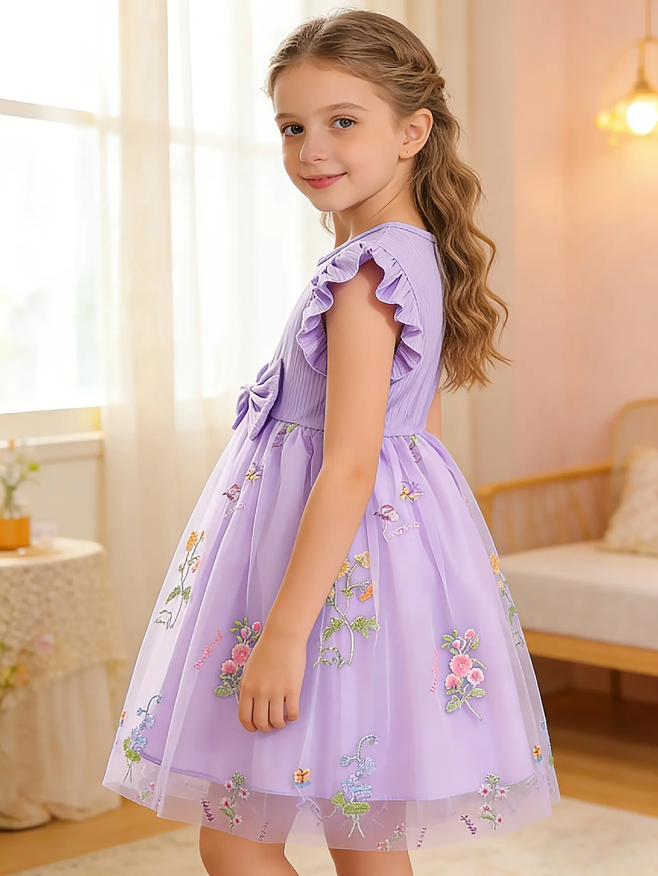 Detail 15 of Girls Ribbed Floral Embroidered Tulle Dress by LUNORIANA