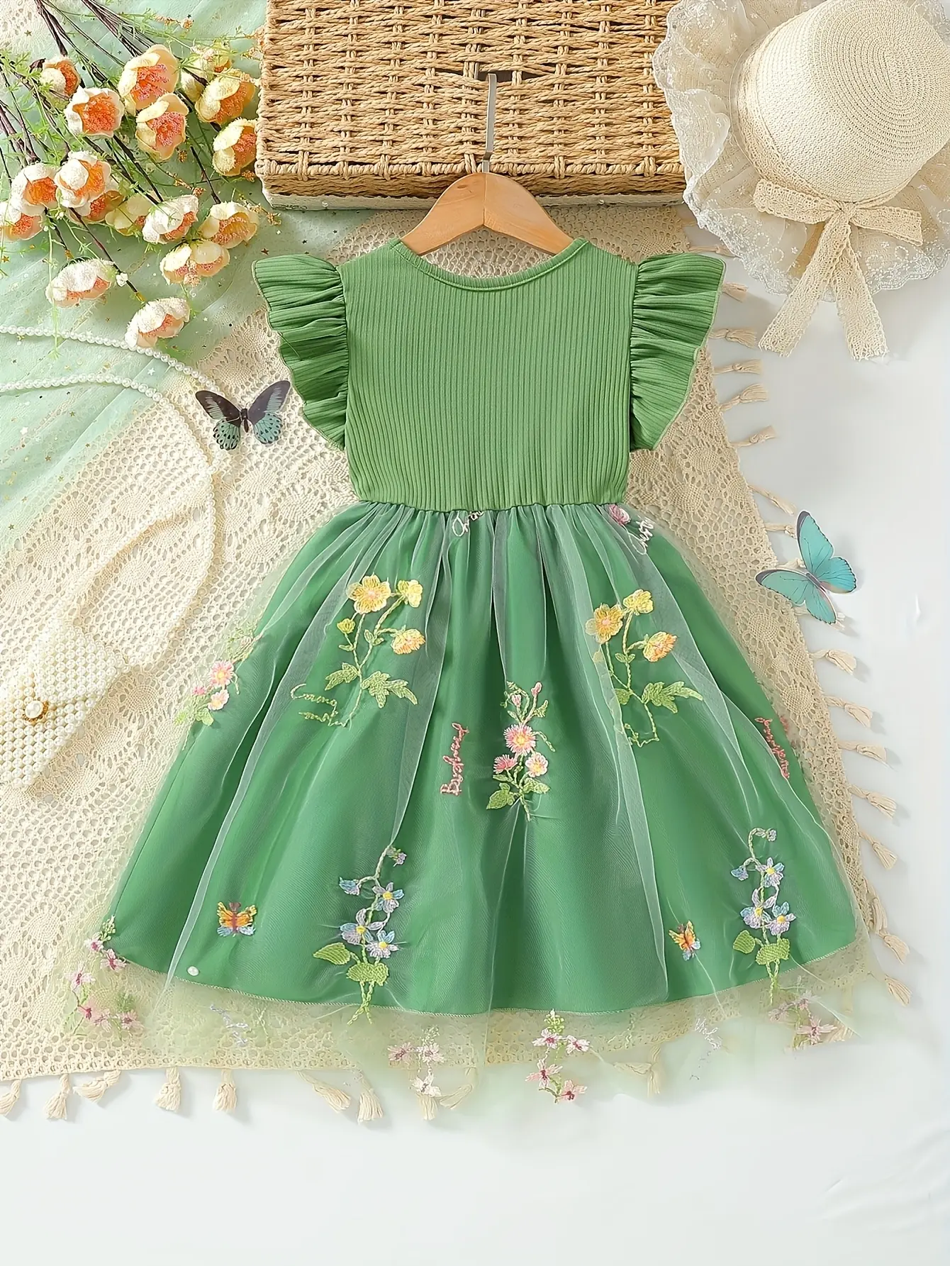 Detail 4 of Girls Ribbed Floral Embroidered Tulle Dress by LUNORIANA
