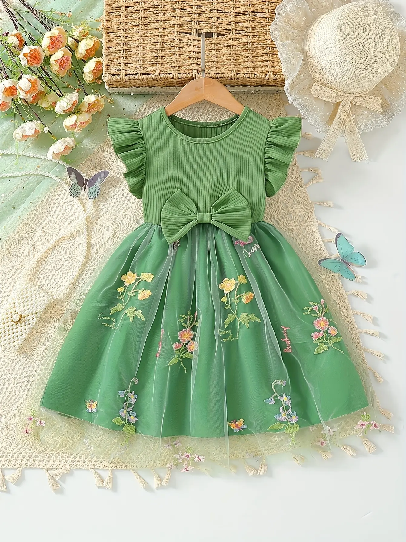 Girls Ribbed Floral Embroidered Tulle Dress