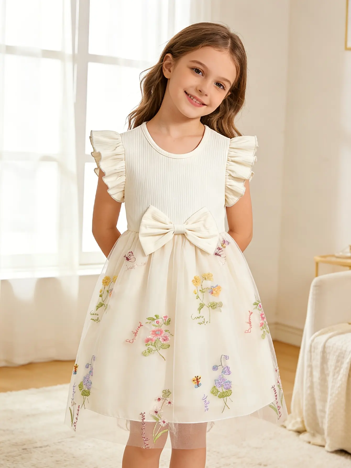 Detail 14 of Girls Ribbed Floral Embroidered Tulle Dress by LUNORIANA